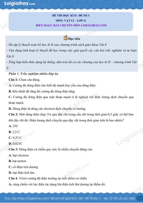 Đề thi học kì 2 Vật lí 11 Kết nối tri thức - Đề số 3